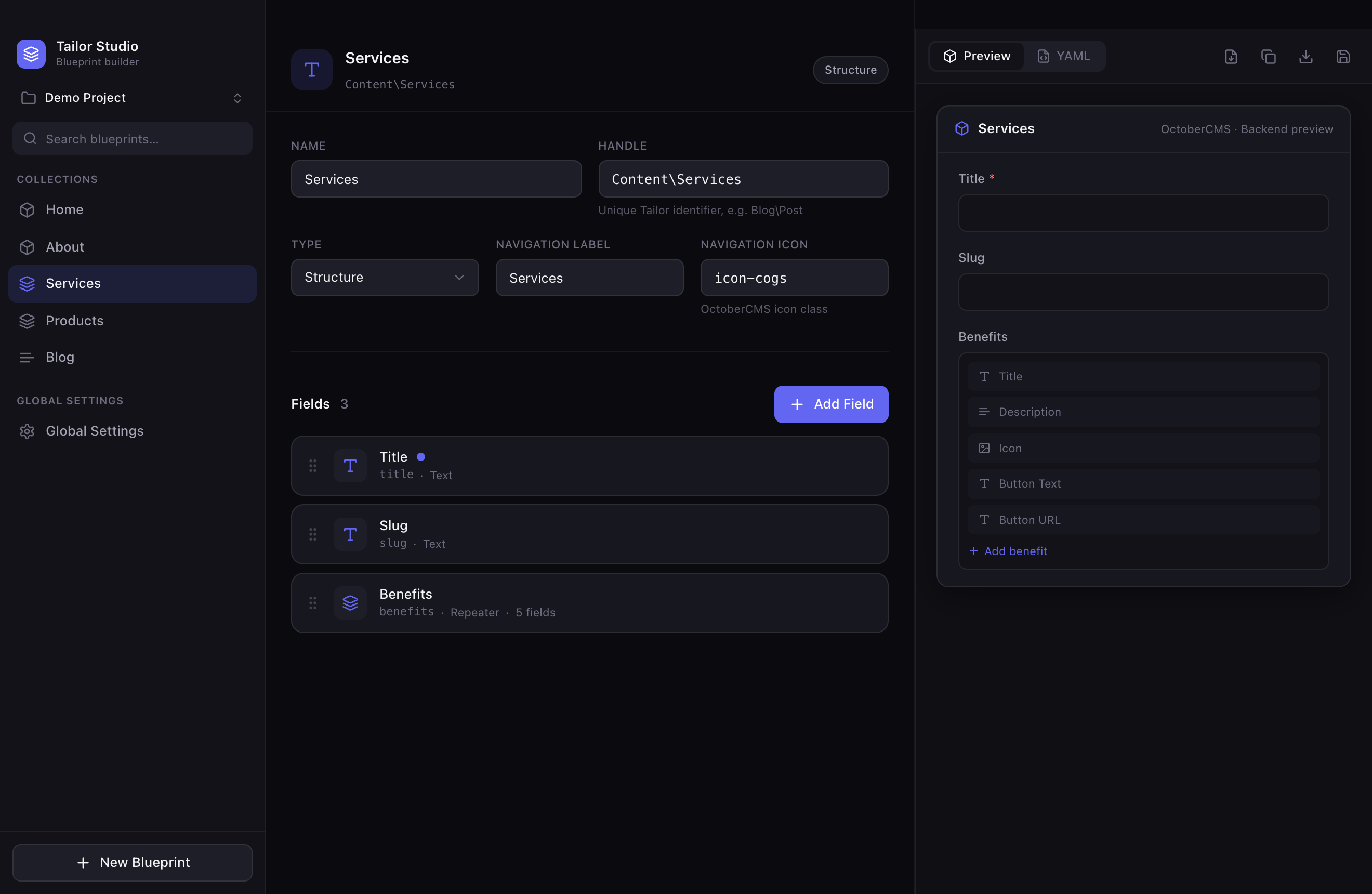 Tailor Studio blueprint editor with drag and drop fields