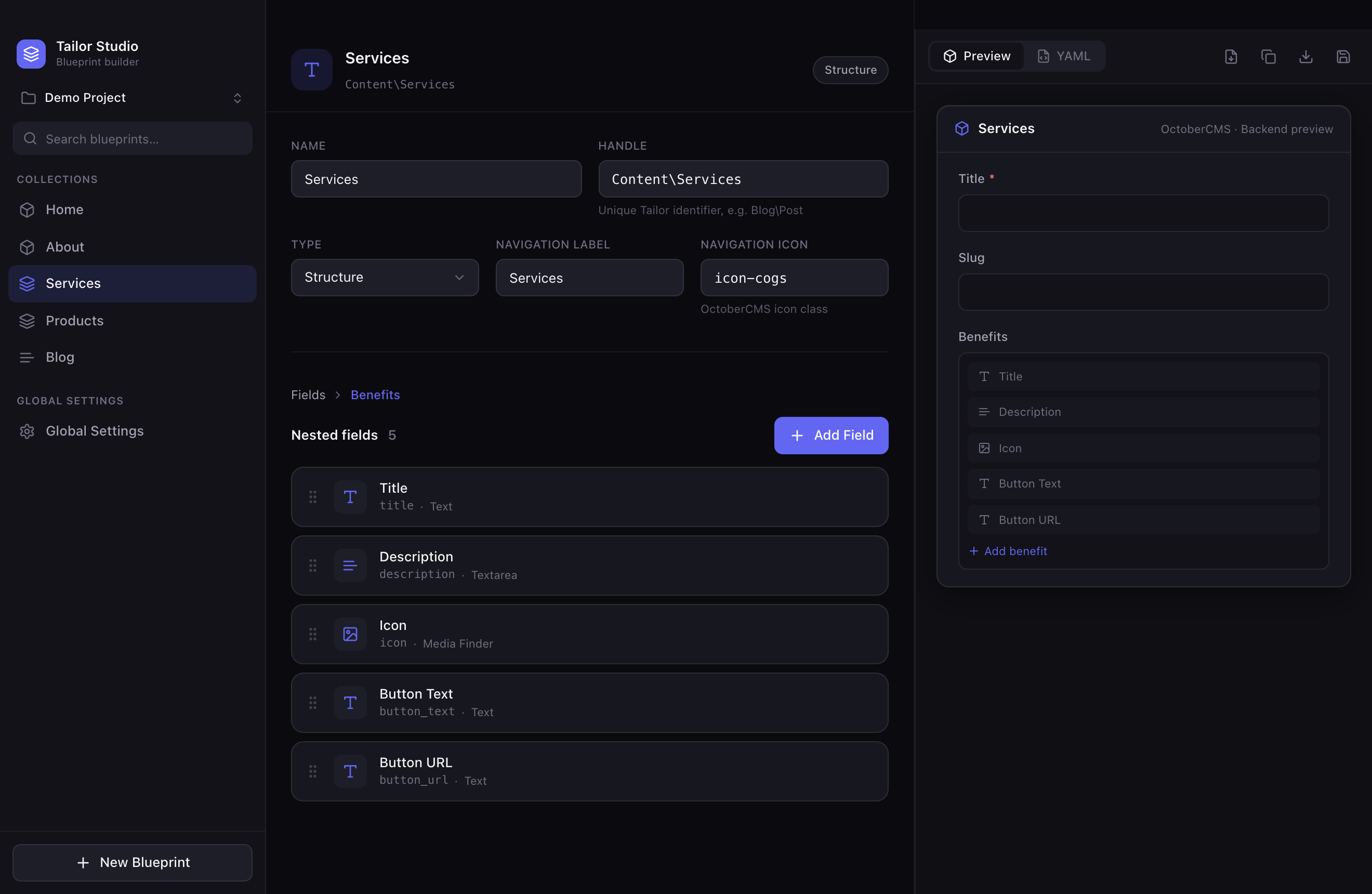 Tailor Studio nested repeater field builder with breadcrumb navigation