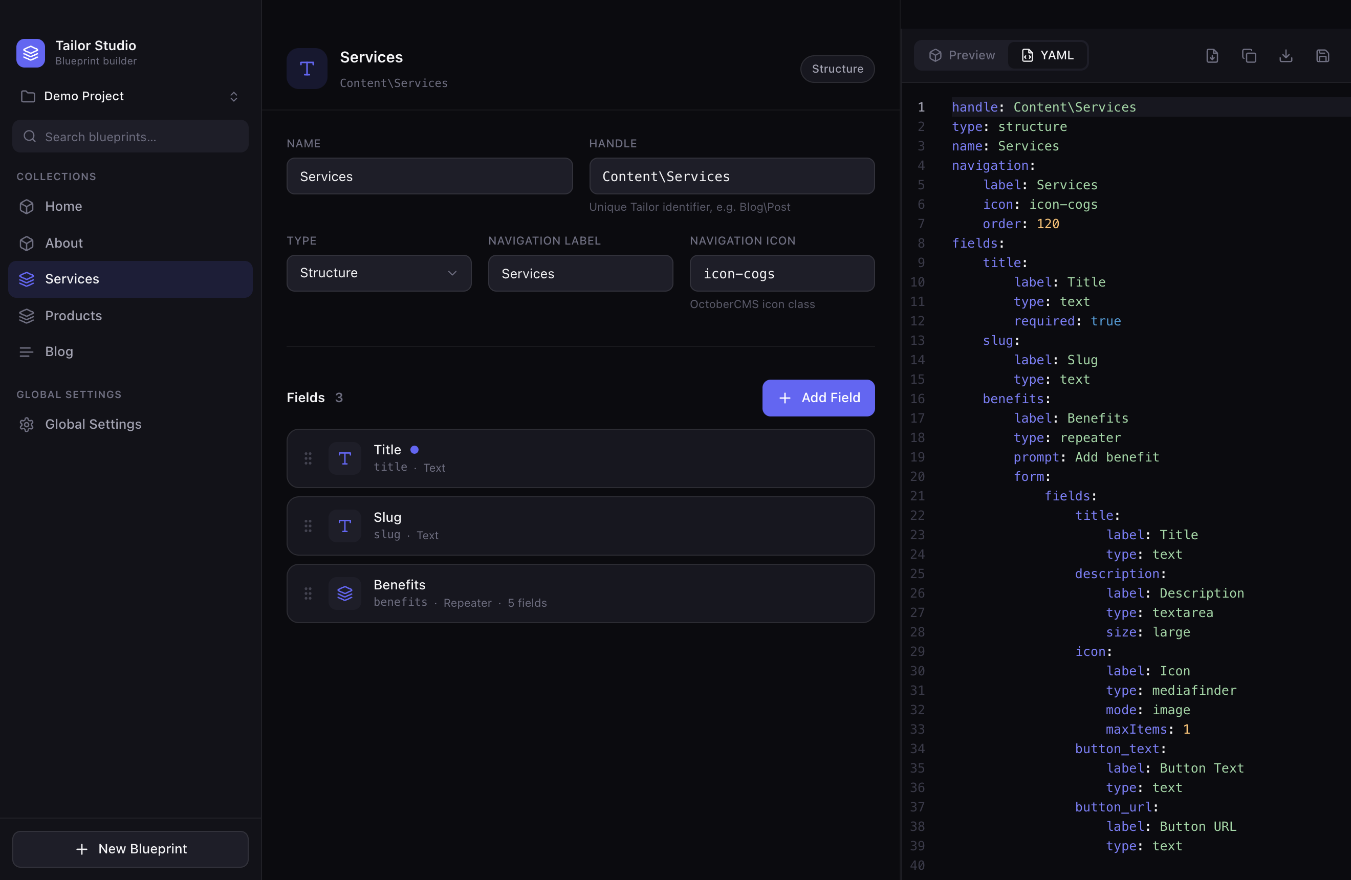 Tailor Studio visual editor generating OctoberCMS Tailor blueprint YAML in real time